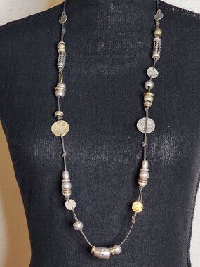 Chico's Gold Silver Metal Beads Cylinders Discs 37.5" Brown Knot Cord Necklace